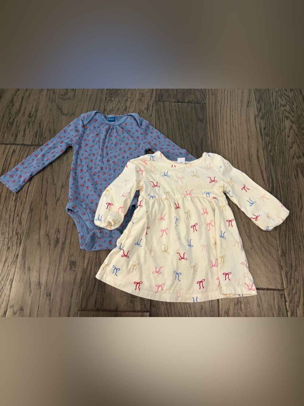 Old Navy Girls White Bow Print Dress & Light Blue Long-Sleeve Bodysuit